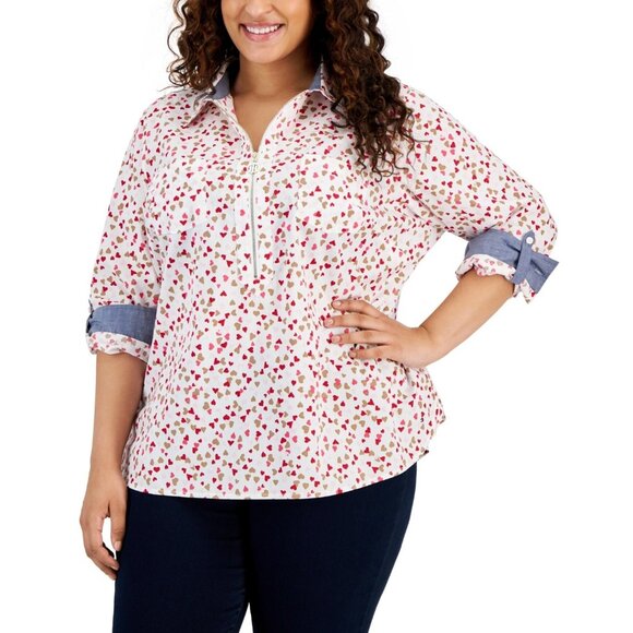 Tommy Hilfiger Confetti-Heart Roll-Tab-Sleeve Cotton Top White Plus Size 2X $80 - Picture 1 of 1
